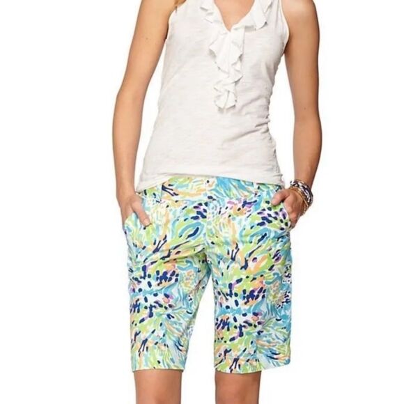 Lilly Pulitzer Blue and Green Bermuda Shorts Vibrant Tropical Print - Picture 1 of 5